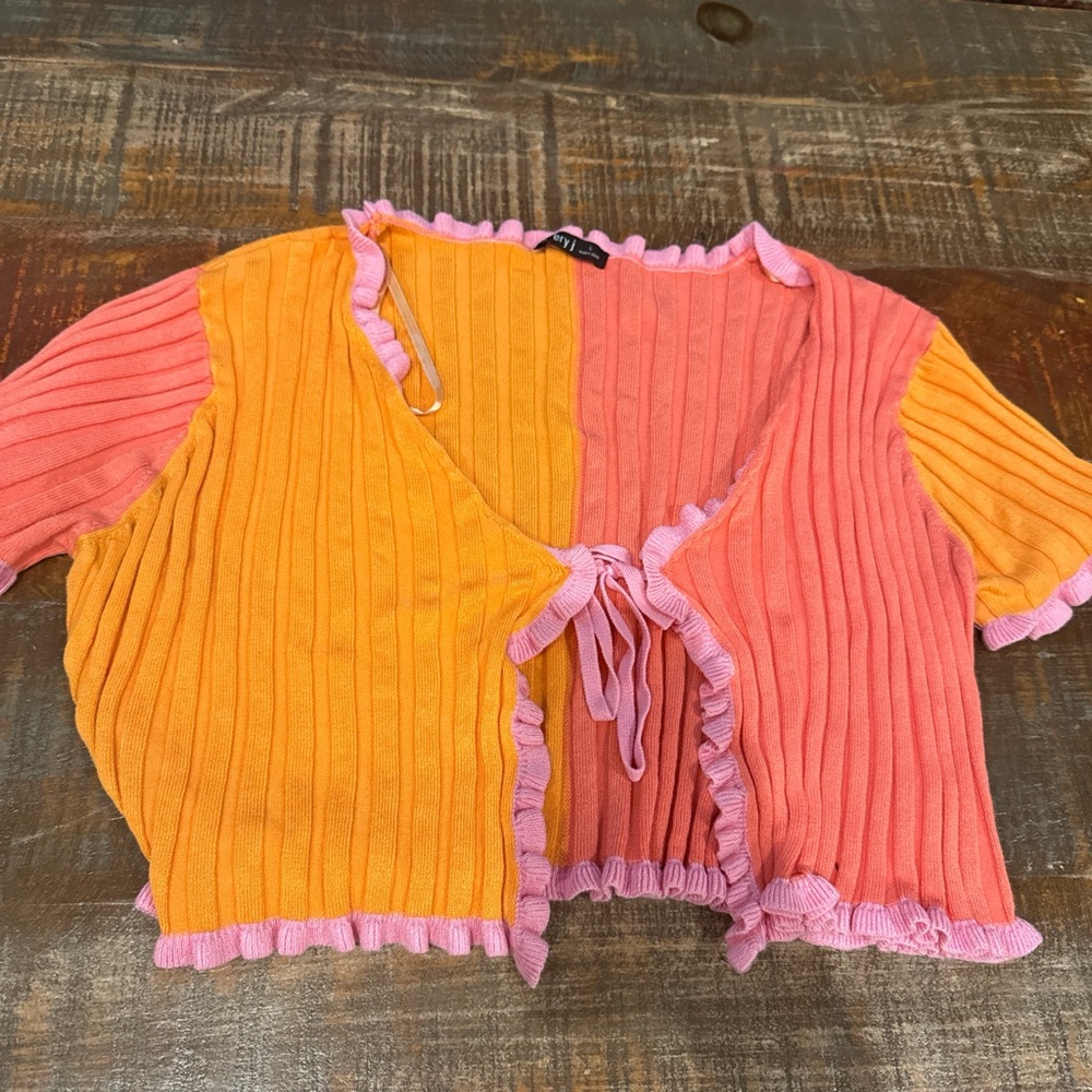 Vibrant Orange and Pink Ruffled Knit Blouse